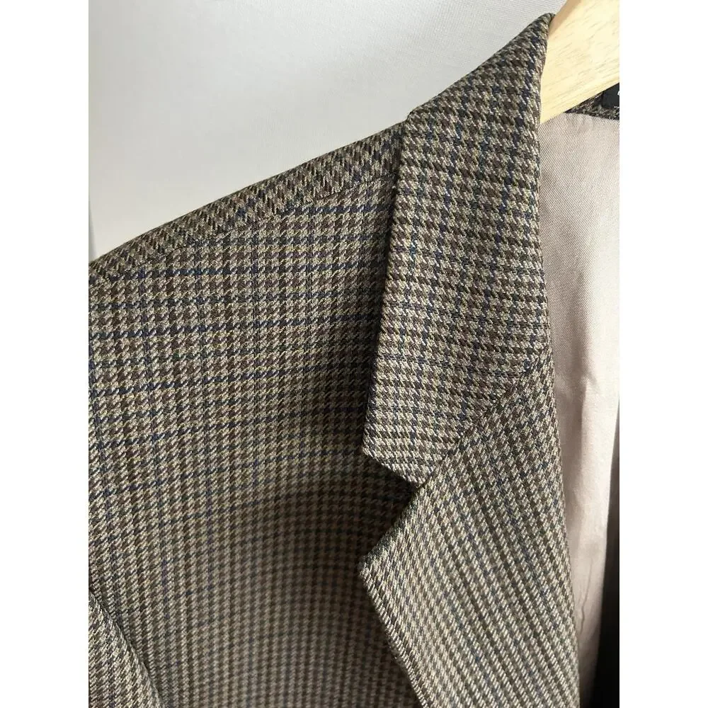 Vintage Chaps Ralph Lauren Mens Wool Blazer Jacket Houndstooth Brown 44S Preppy
